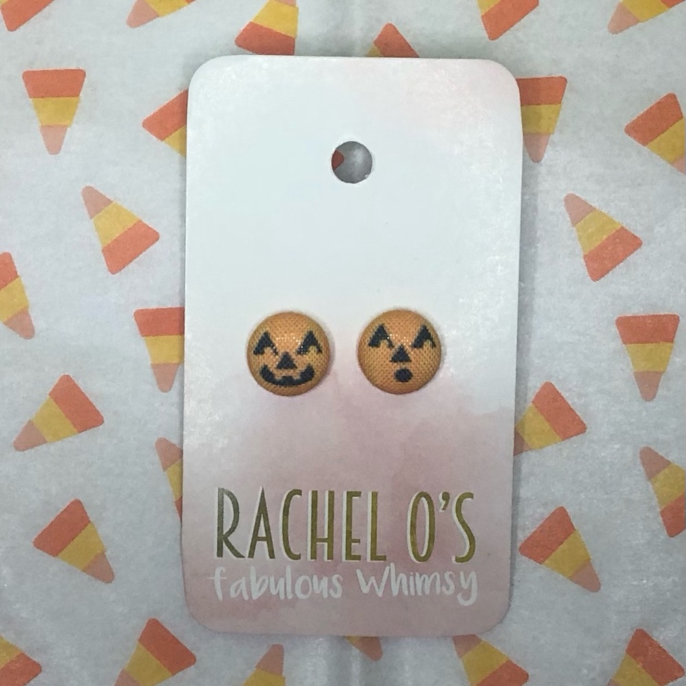 Pumpkin Jack O’ Lantern Halloween Fabric Button Post Earrings Orange Black New